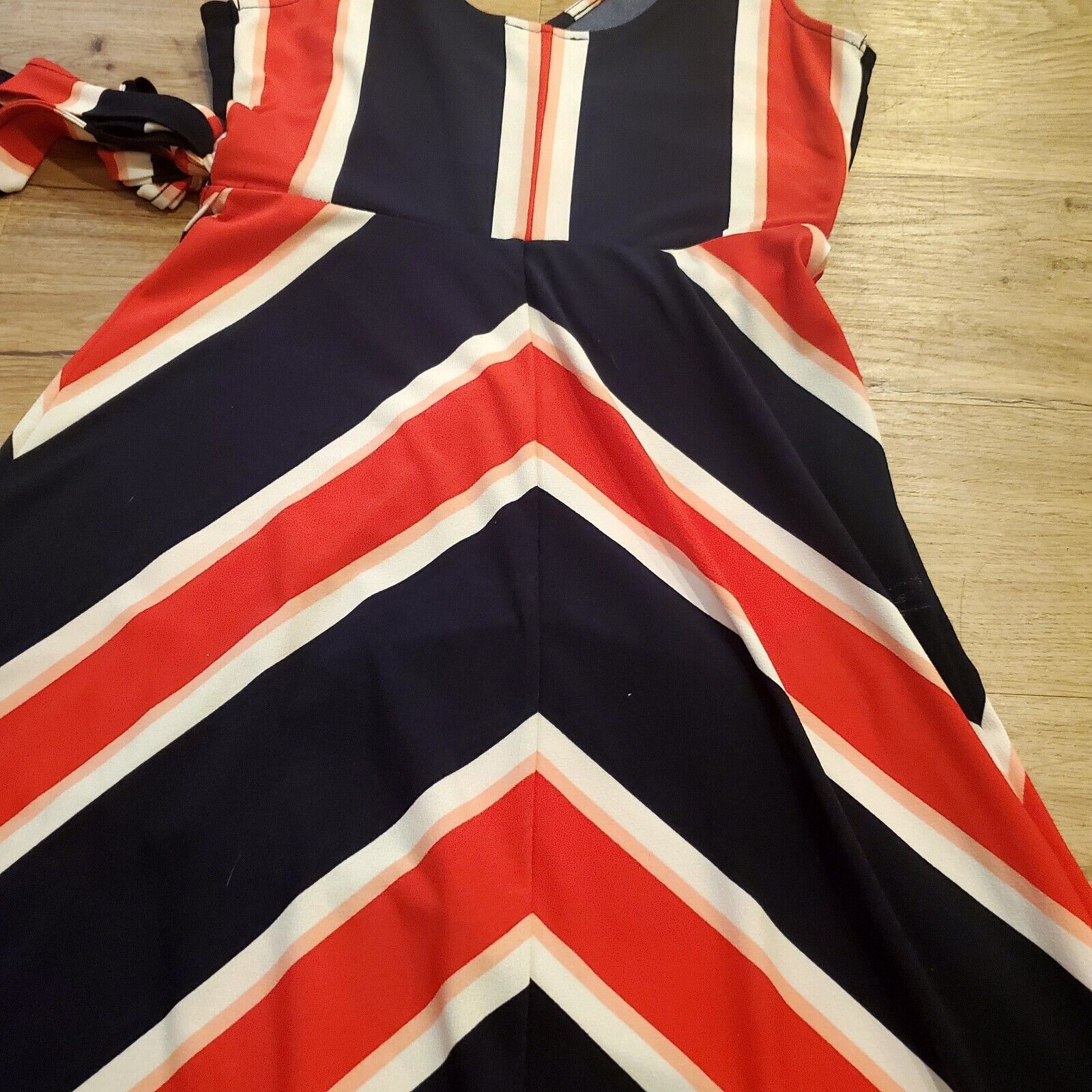 Express Red White & Blue Stripe Wrap Style Dress Small Knee Sleeveless Jersey 