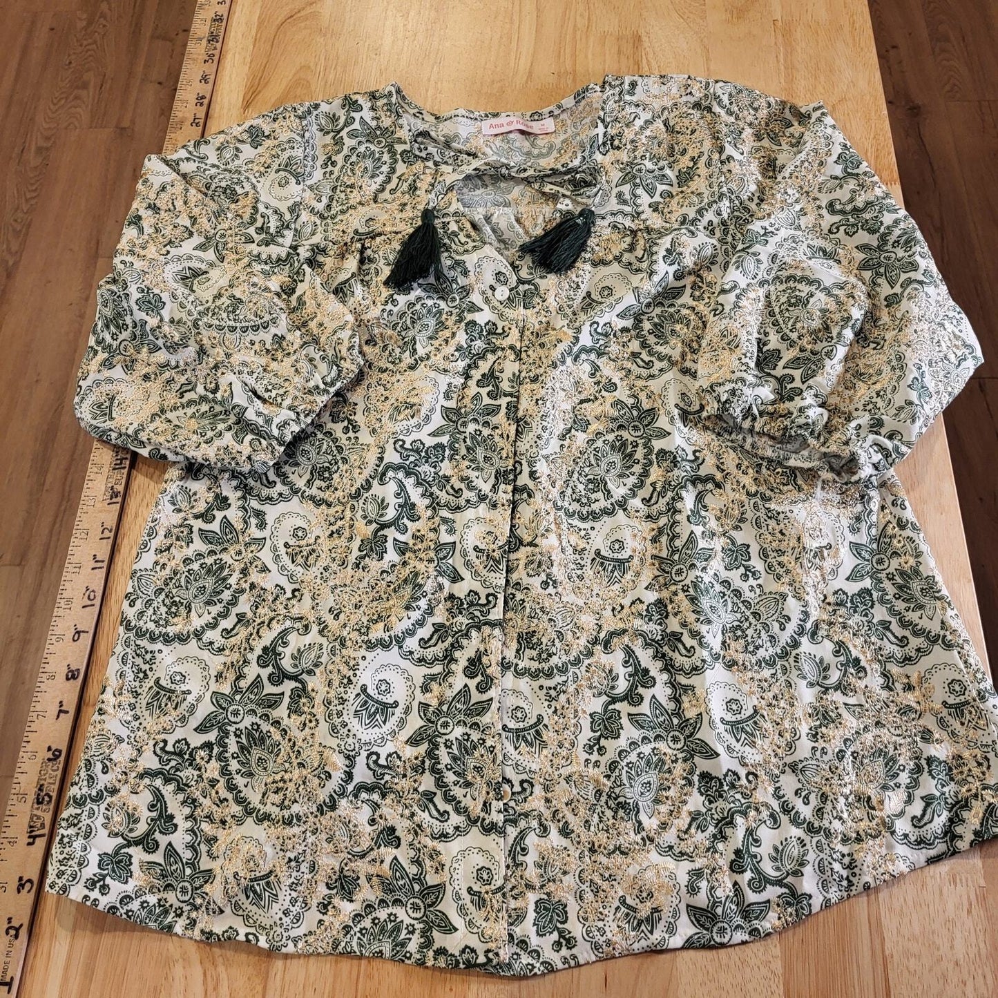 Paisley Green & Cream Ballon Sleeve Blouse All Over Embroidery medium Tassel Tie