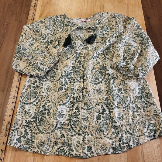 Paisley Green & Cream Ballon Sleeve Blouse All Over Embroidery medium Tassel Tie
