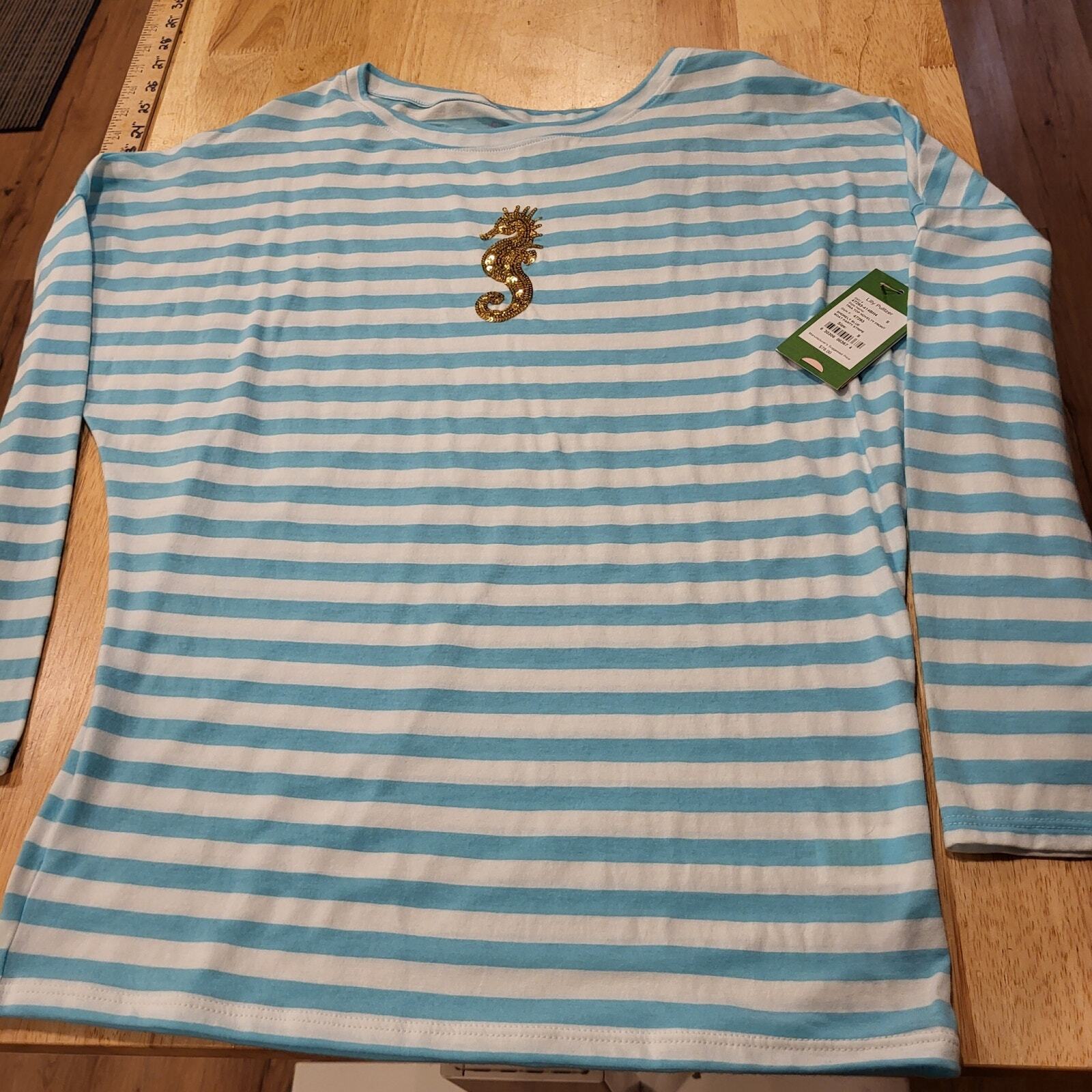 NWT Lily Pulitzer  blue white striped seahorse gold sequin embellishment 