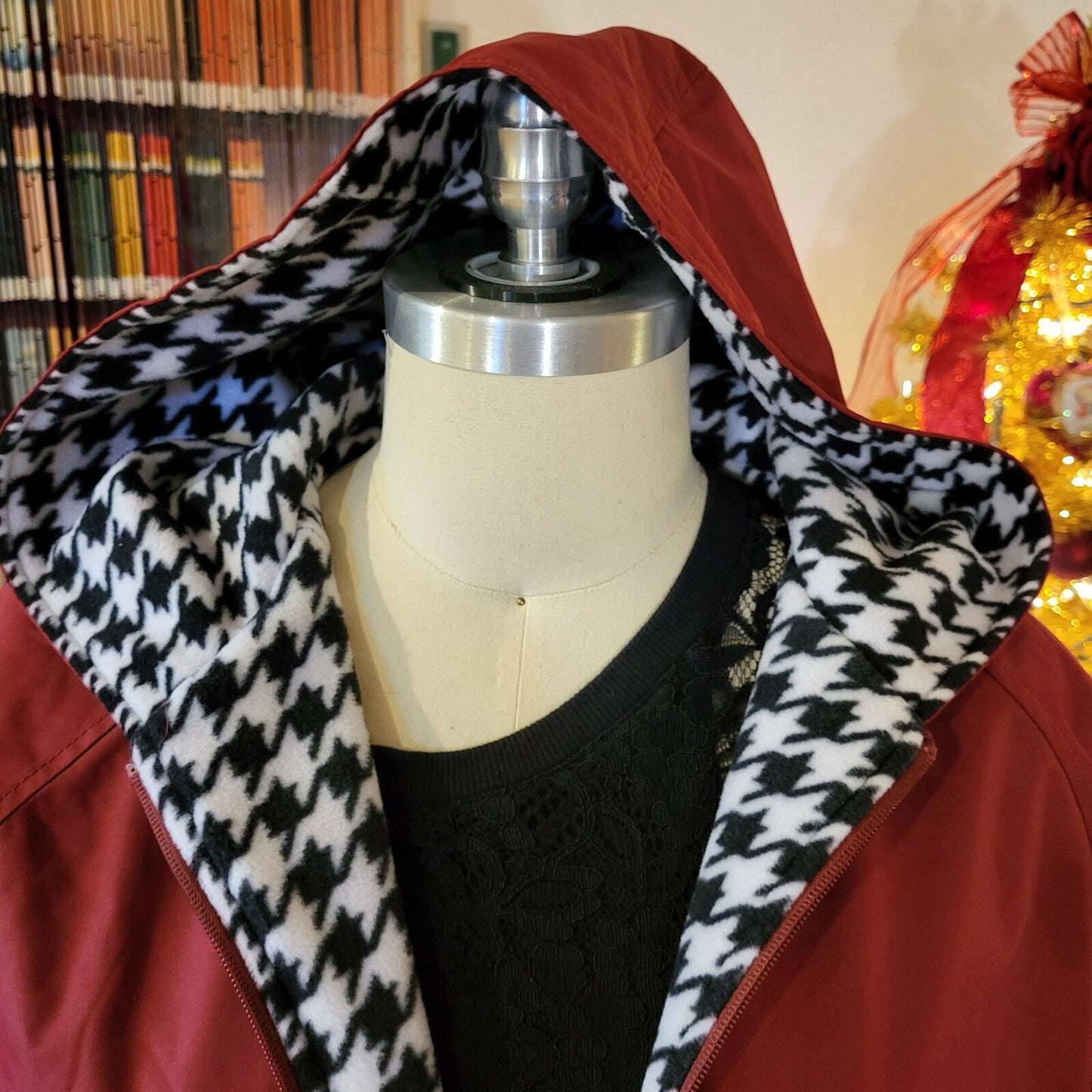 Giorgio Morandi Maroon Burgundy Fleece Reversable Houndstooth Rain Coat L