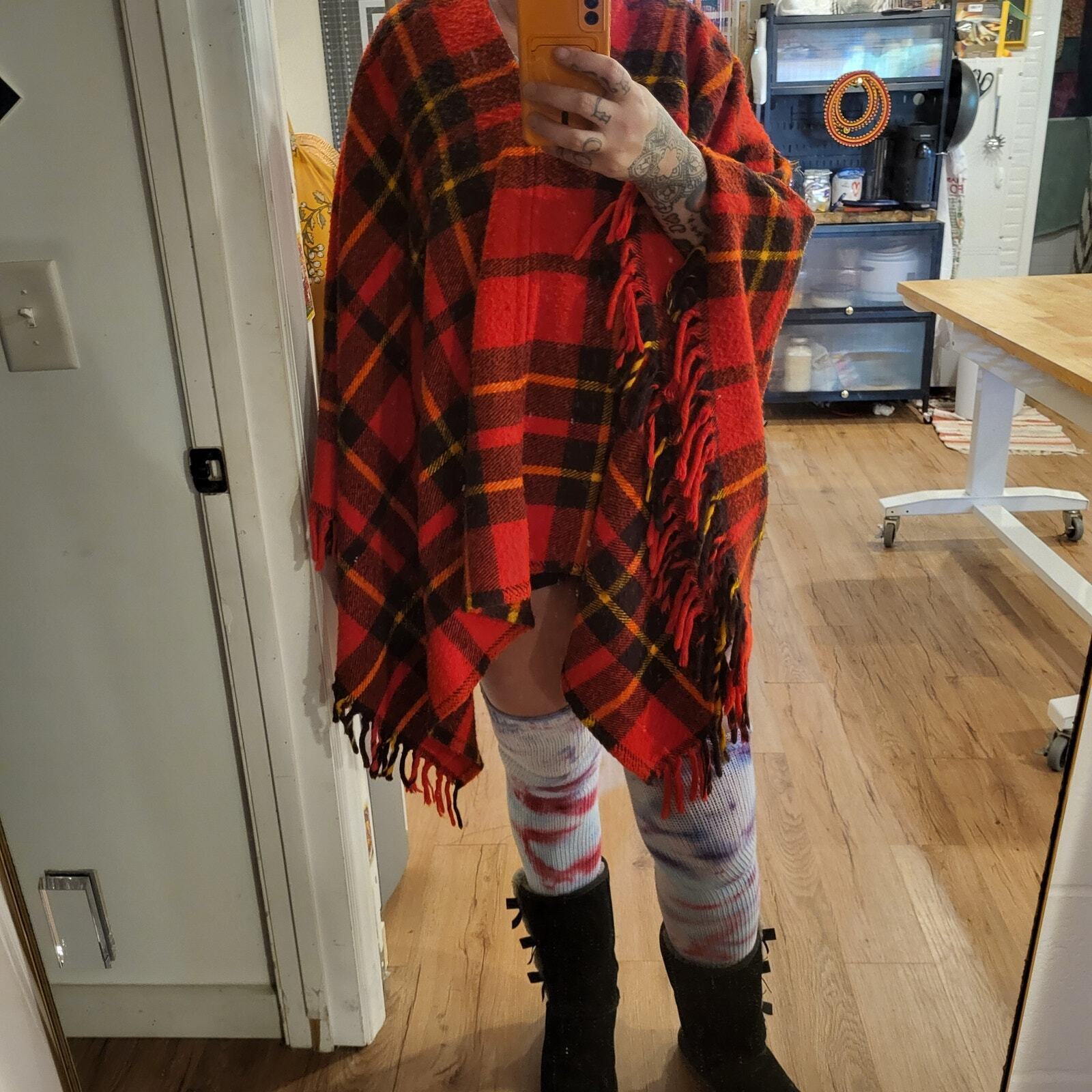 Red Plaid Tartan Possibly Wool Hand Made Poncho Multiple Ways to Wear