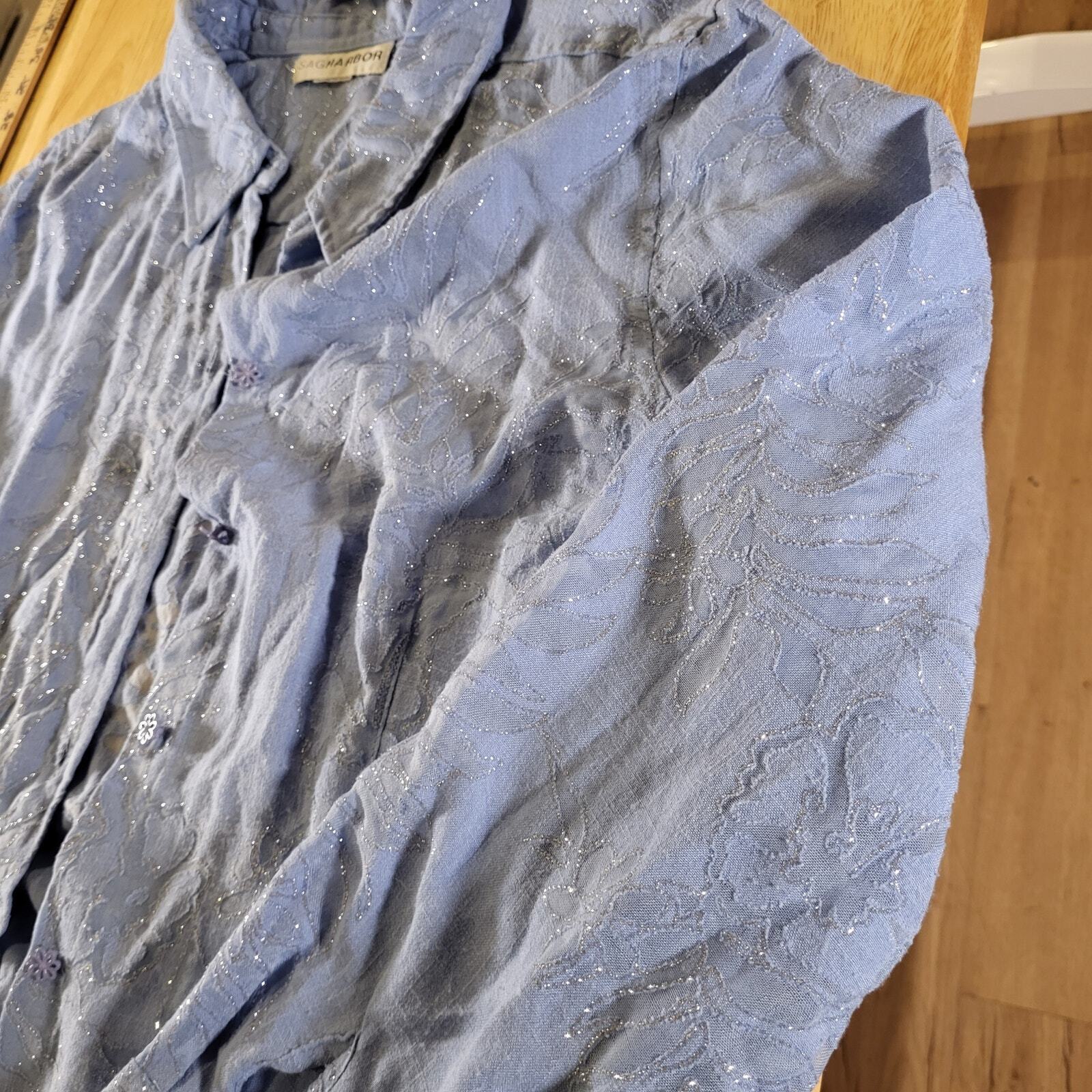 Sag Harbor Blue Metallic Burnout Flor Button Collard Sheer 23" P2P 24" Long 