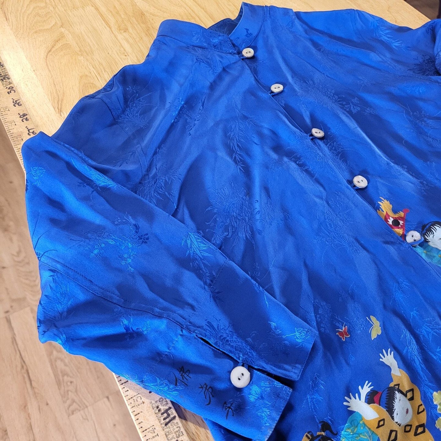 Vintage Chico's Design Size 0 Chinese Printed Silk Blouse 3/4 Sleeve  Button 