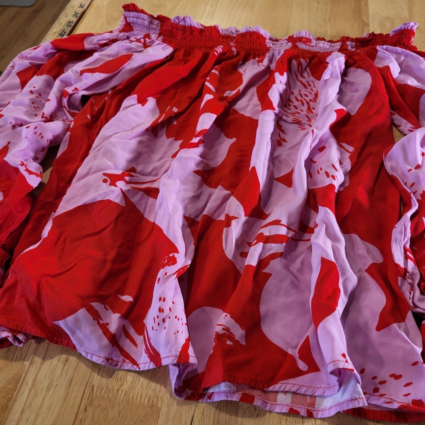 Bardot 100% viscose Red & Pink Floral Elastic Shoulder 6 Tie Cuff 16" P2P 18" L