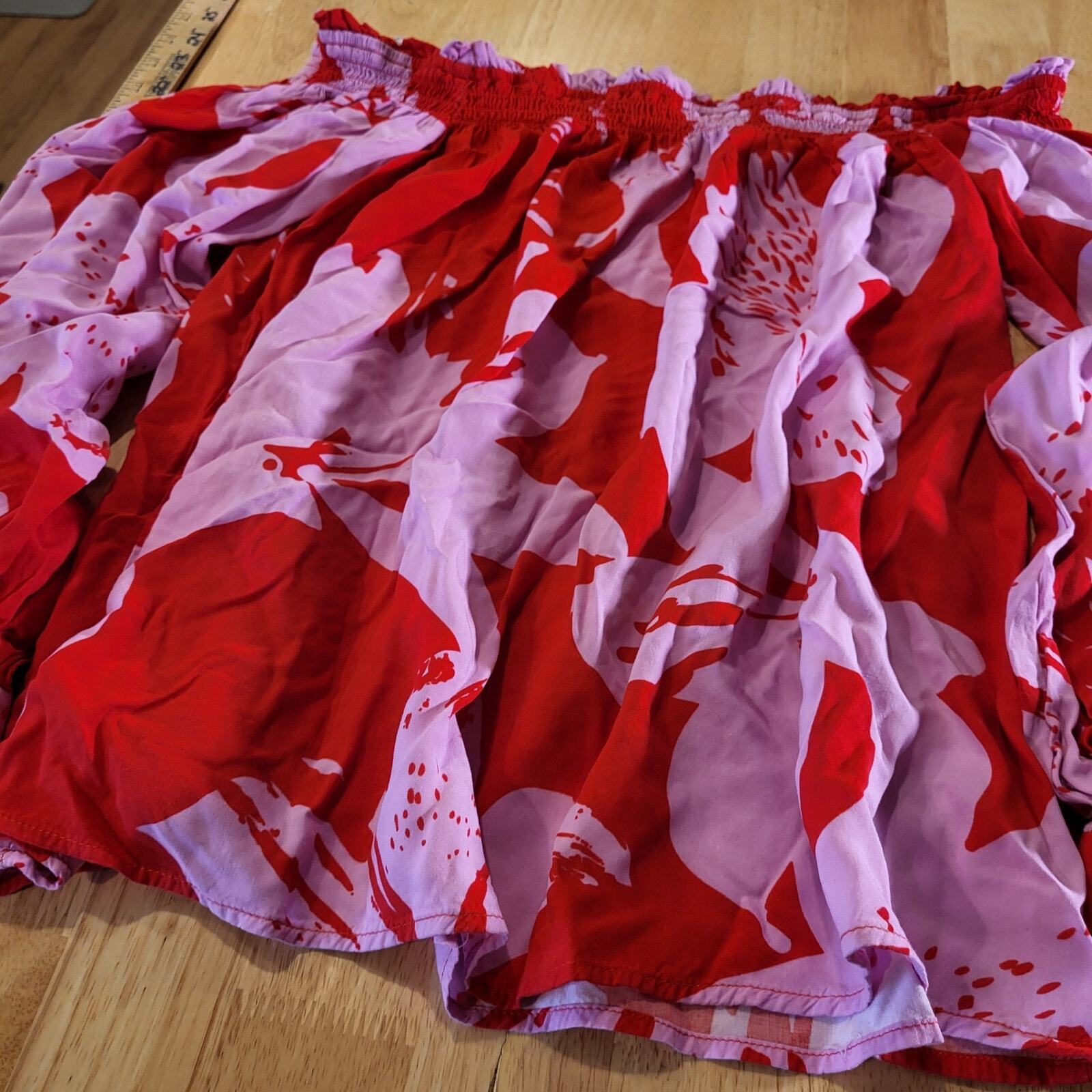 Bardot 100% viscose Red & Pink Floral Elastic Shoulder 6 Tie Cuff 16" P2P 18" L