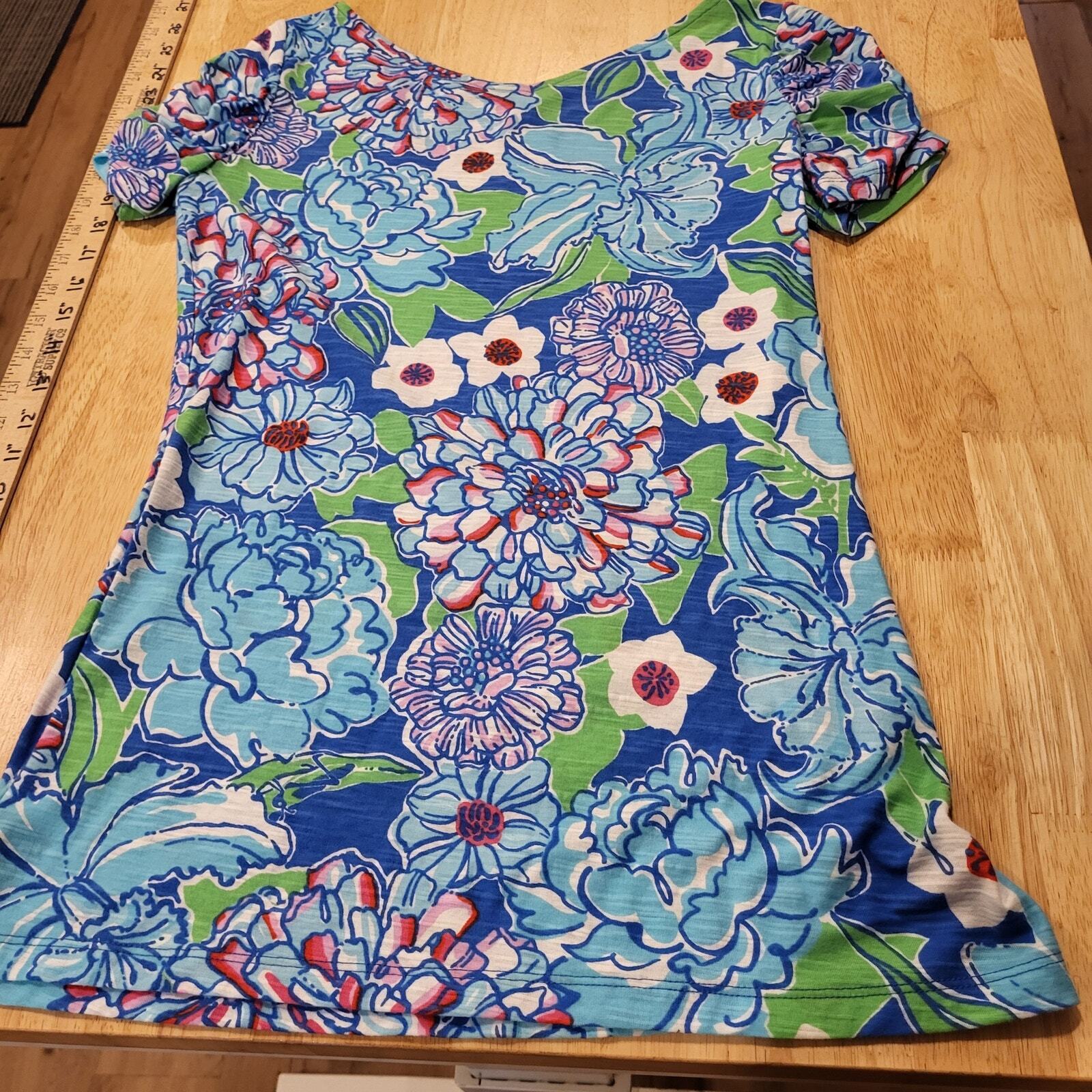 Lilly Pulitzer Blue & Green Short Sleeve V-Neck Gathered Sleeve T-shirt S