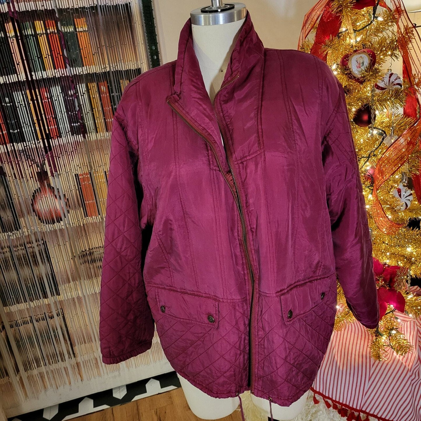 Vintage Active Club 100% Silk Puff Jacket Pink Fuscia Pockets Snap Toggle XL