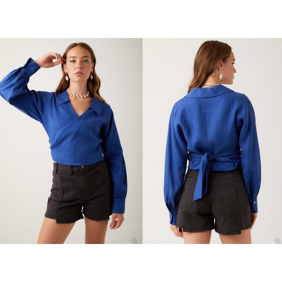 R. G. Kane Rosie Wrap Blouse Blue XS 100% Linen Made in USA 18" P2P