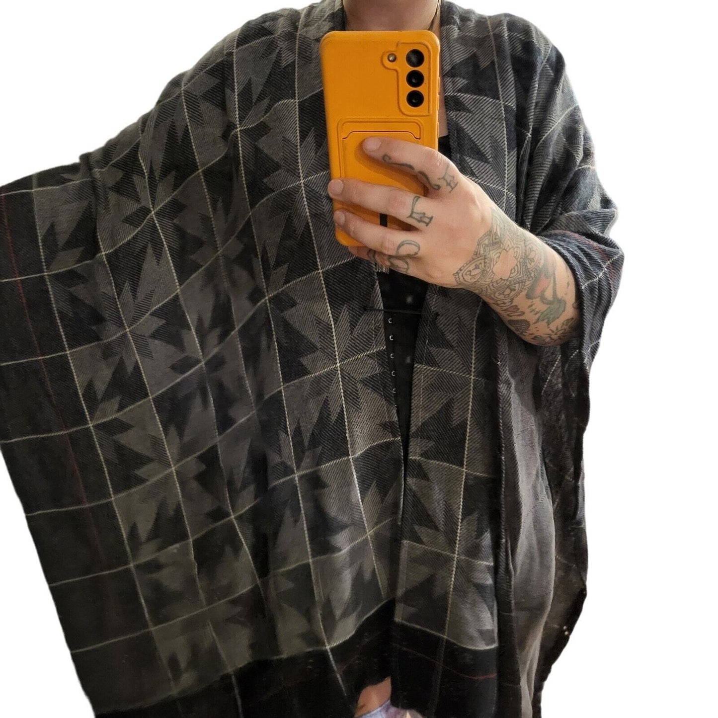 Upcycled Handmade Delta Blanket Poncho Blue Geometric