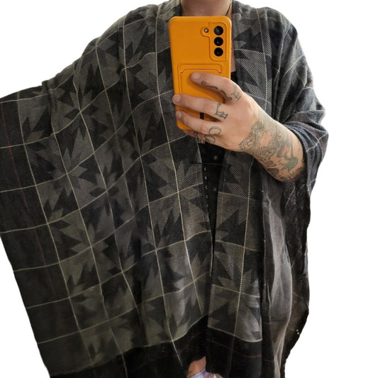 Upcycled Handmade Delta Blanket Poncho Blue Geometric