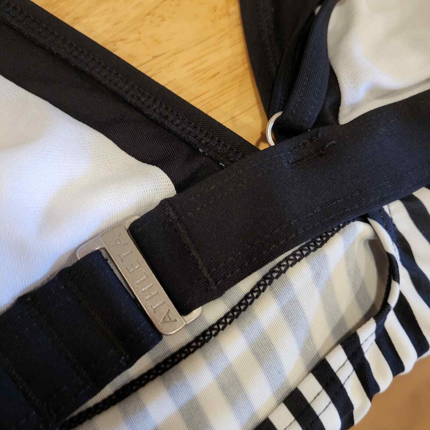 Athleta swim top striped black and white triangle strap metal clasp full 