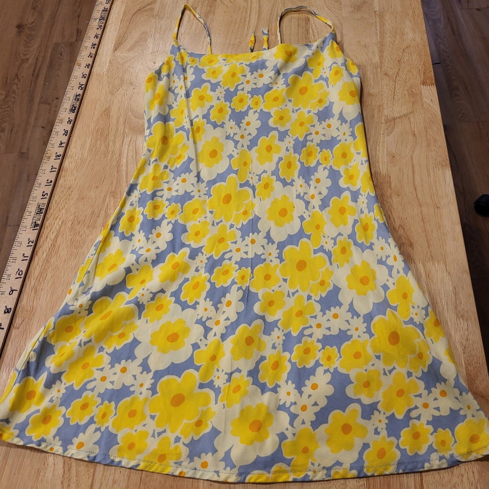 RVCA Yellow & Blue Floral Knit Spaghetti Strap Mini Dress Keyhole Opening Small