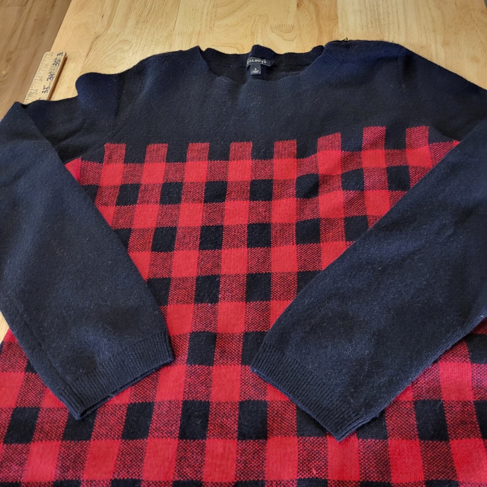 Talbots Red Buffalo Check Sweater Dress Gold Zip Wool Rayon Blend Knit Large