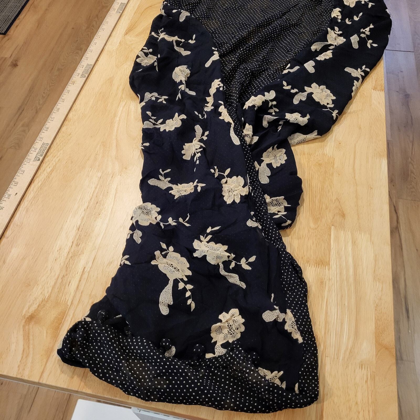 Beautiful Black Floral Silky Scarf White Floral Print 72" x 60" Polka Dots