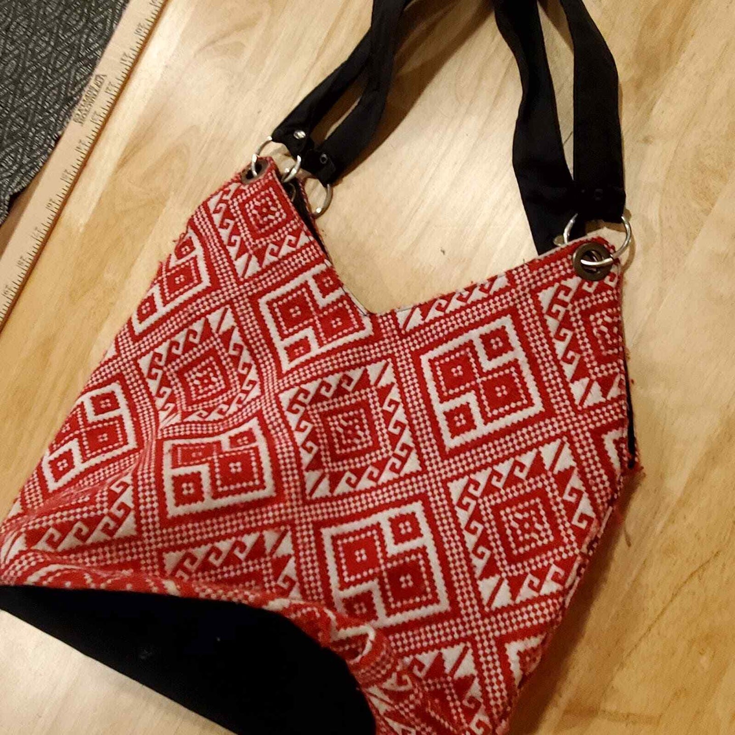 Red Boho Floppy Cloth Beach Bag Aztec Print Metal Hardware 