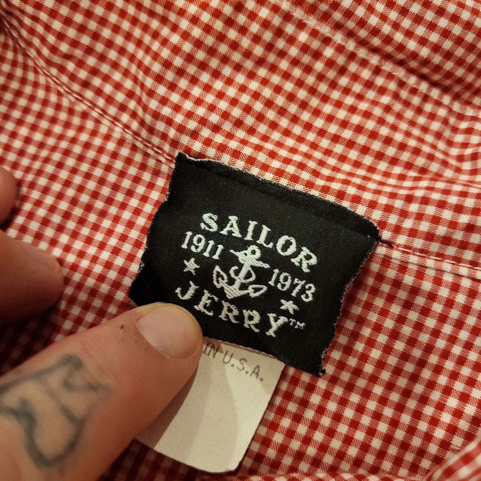 Vintage Sailor Jerry Red Gingham Pearl Snap Shirt Dress 18" P2P 32" Waist