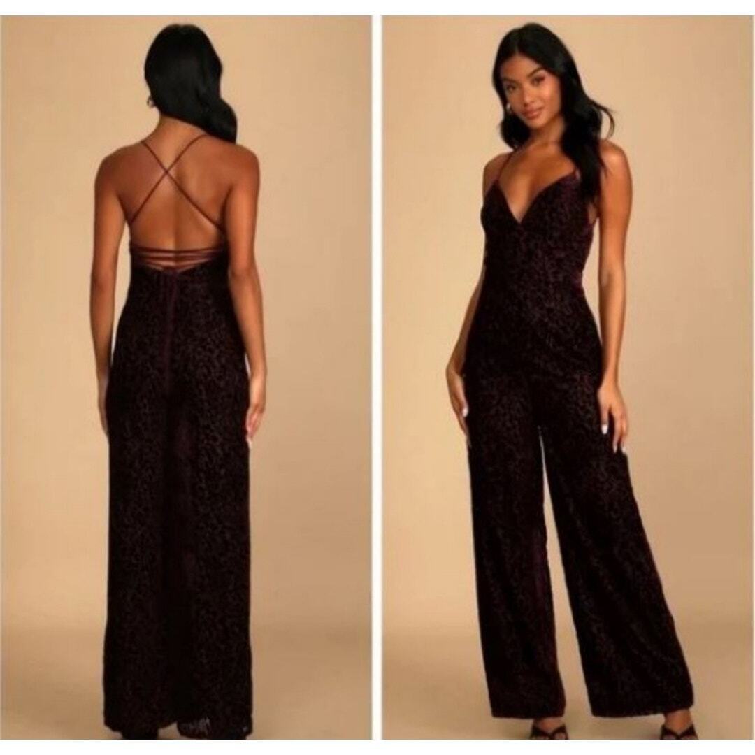 Lulu's Purple Plum Velvet Floral Burnout Spaghetti  Crisscross Back Wide leg