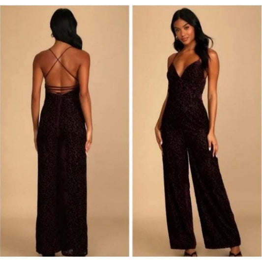 Lulu's Purple Plum Velvet Floral Burnout Spaghetti  Crisscross Back Wide leg