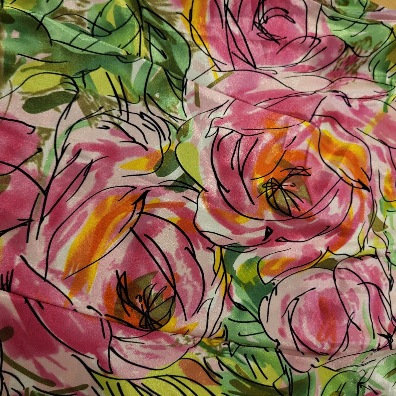 Satin Pink & Green Floral Rose Sleeveless Tank Blouse Spense Small