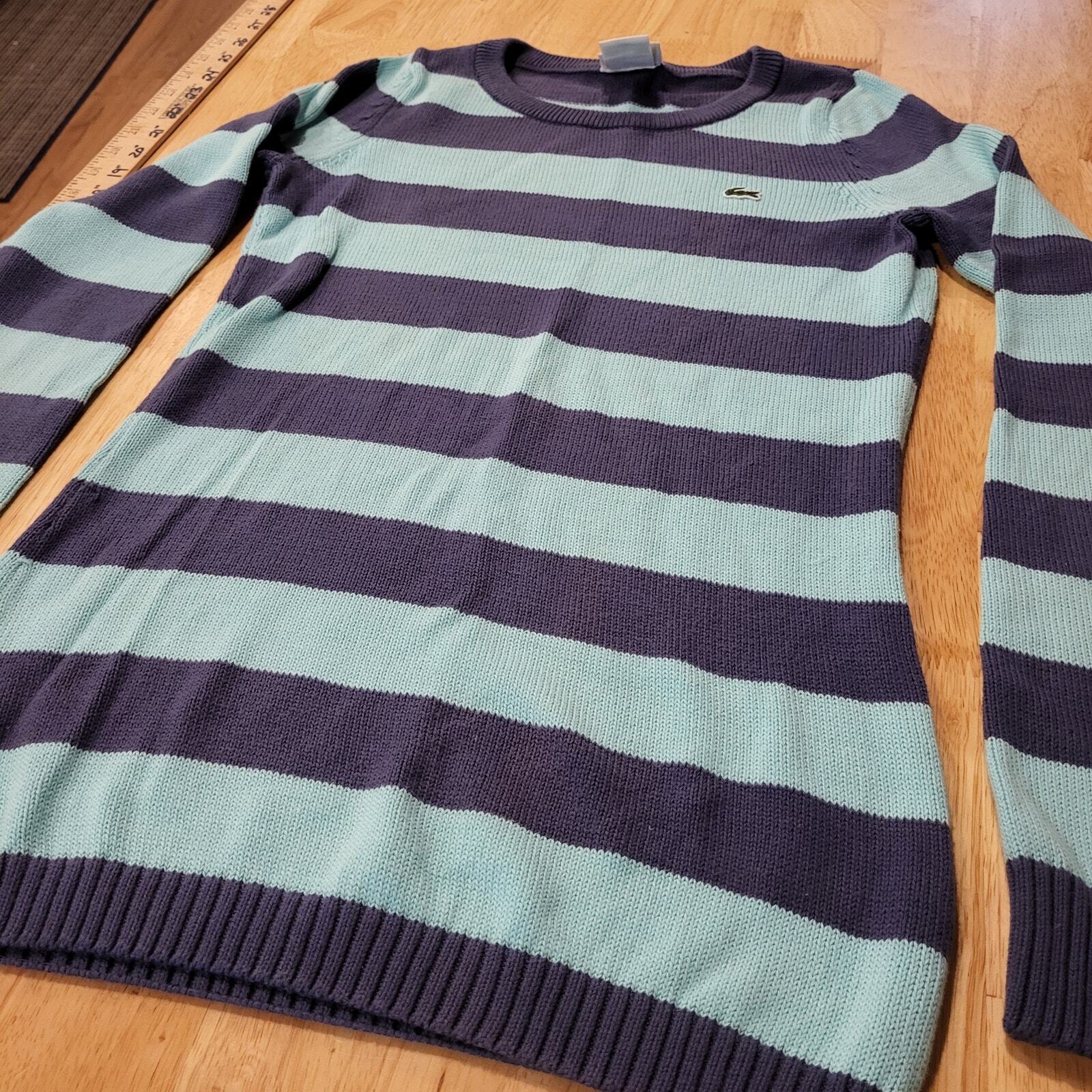 Blue Striped Lacoste Crew Neck Long Sleeve Sweater 38 100% Cotton 17" P2P