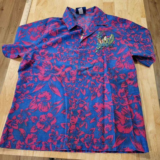Vintage US Blue Pink 100% Cotton Hawaiian Short Sleeve Button Down 19" Pit 2 Pit