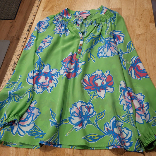 Lilly Pulitzer Green rayon Floral Blouse Long Sleeve gold button gathered neck