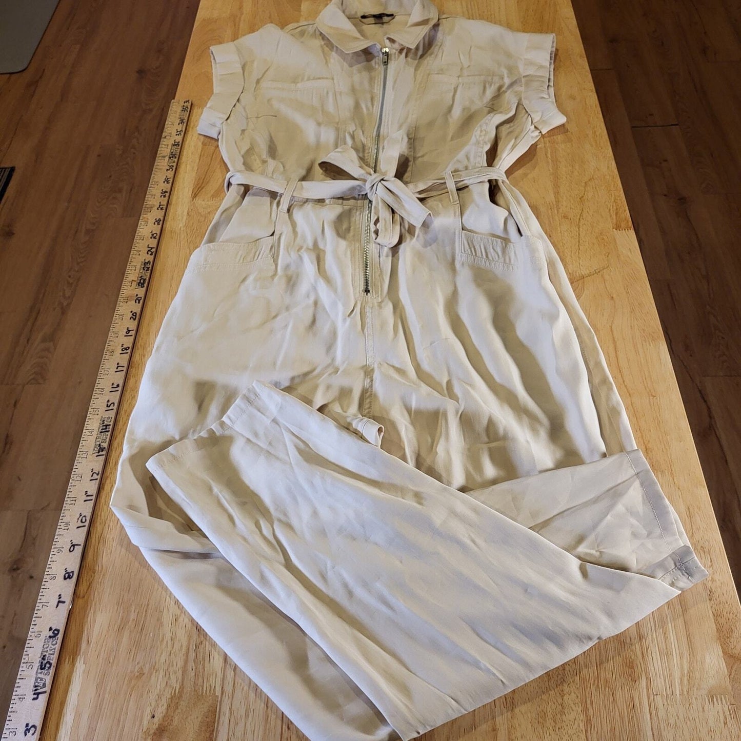 Skies Are Blue Beige Sleeveless Collared Button Up Jumpsuit Small 26" Rise 17" W