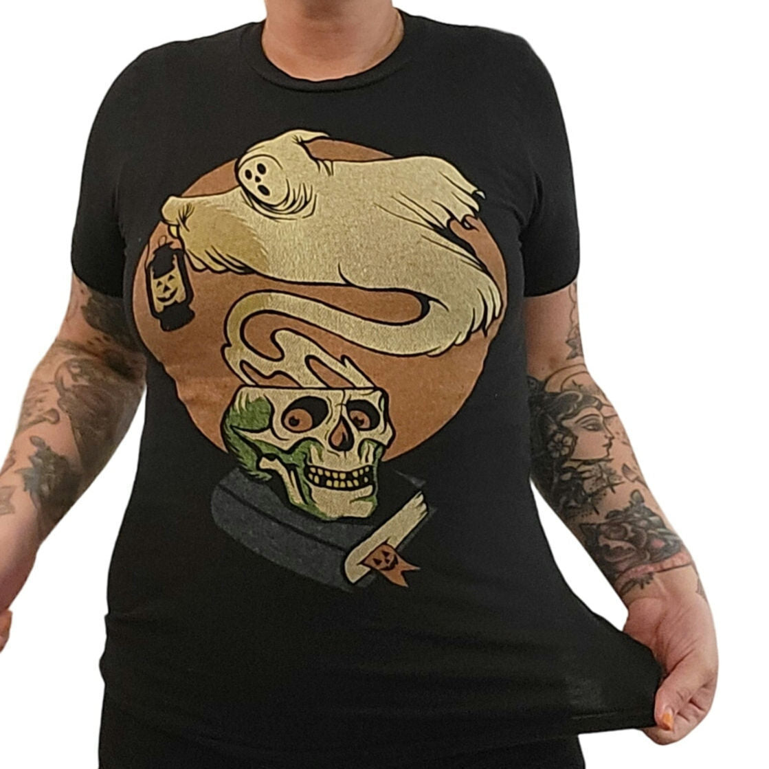 Small Black Bella Canvas Halloween T-Shirt Ghost Skull Orange Short Sleeve
