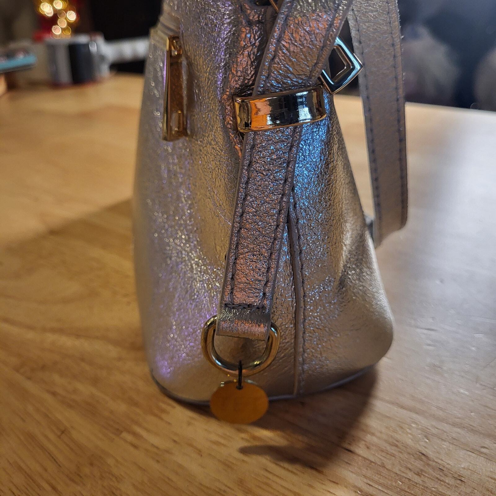 Genuine Leather Silver  Metallic Top Handle Zip Bag  9"x7" Gold Tone Hardware 