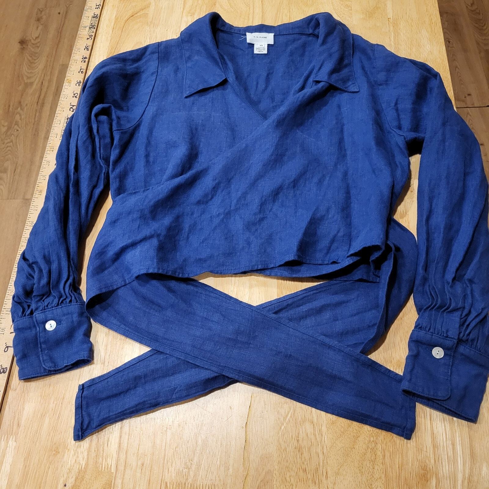 R. G. Kane Rosie Wrap Blouse Blue XS 100% Linen Made in USA 18" P2P