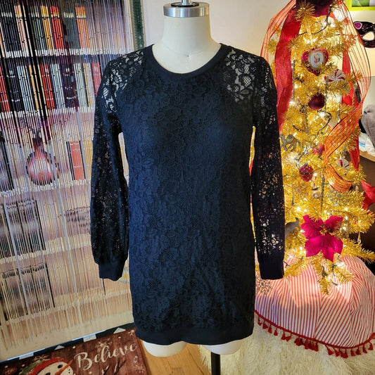 BCBG Black Lace Sweatshirt Dress Tank Under Long Sleeve Small 19" P2P 