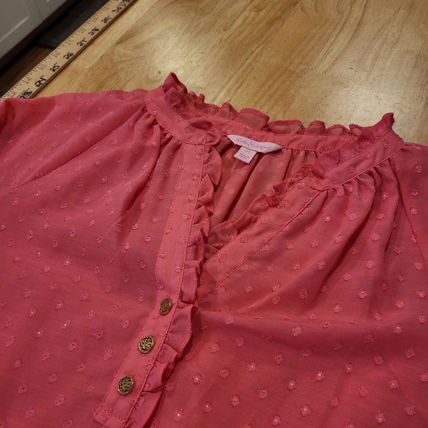 Lilly Pulitzer Pink Ruffle Button Collar Puff Sleeve Polka Dot Blouse S