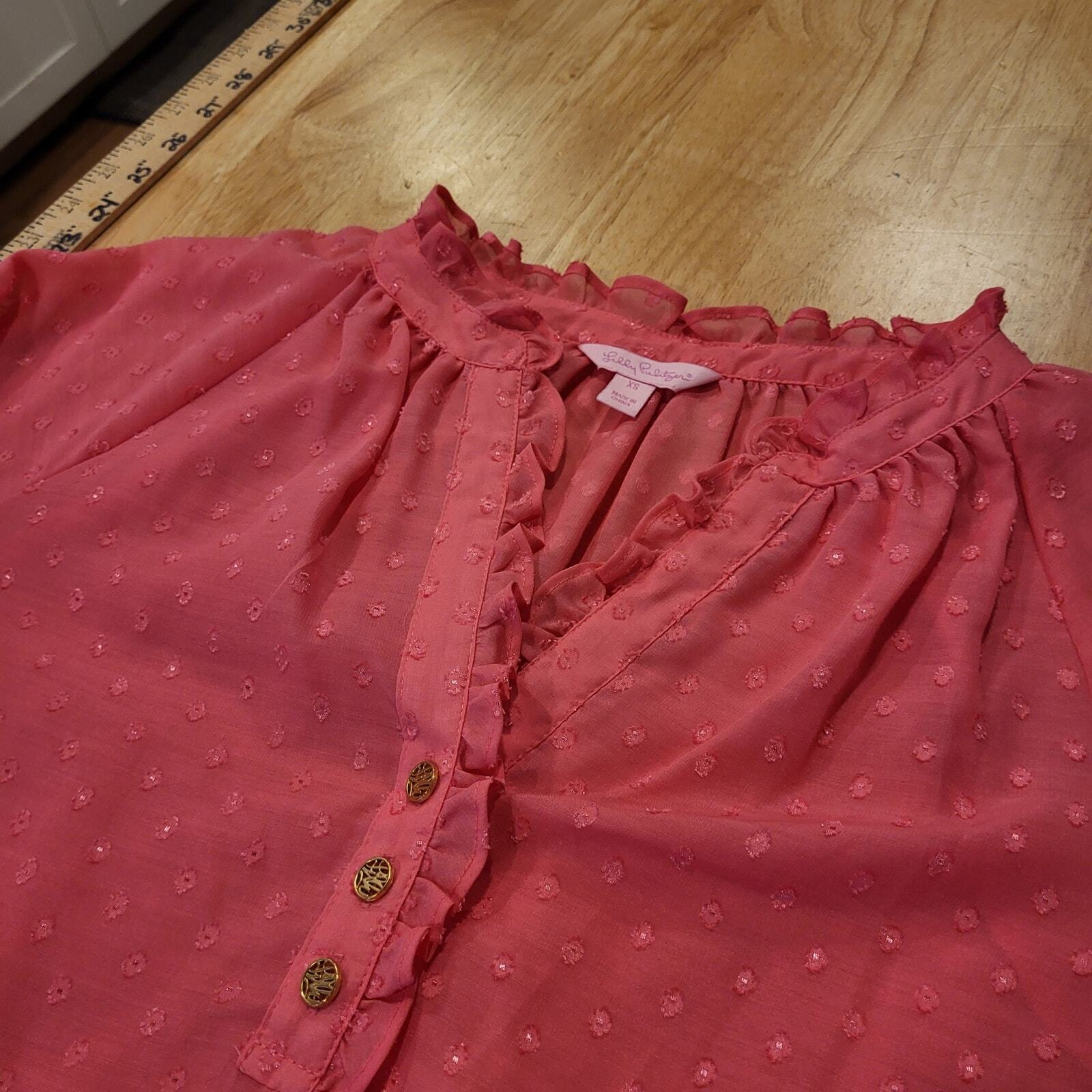 Lilly Pulitzer Pink Ruffle Button Collar Puff Sleeve Polka Dot Blouse S