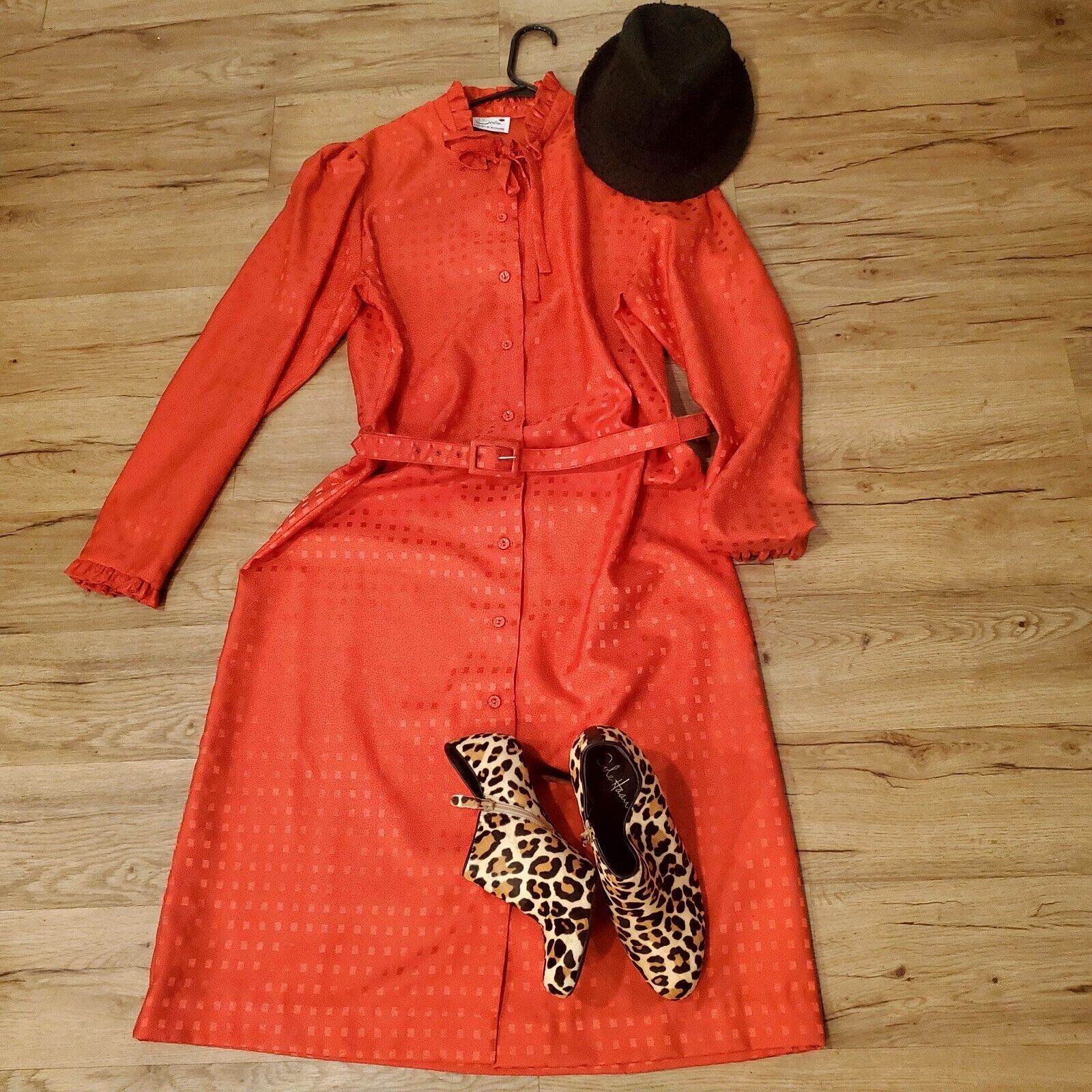Vintage Red Polyester Shirt Dress Red Check Sateen Ruffle Collar & Cuff Belt