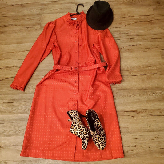 Vintage Red Polyester Shirt Dress Red Check Sateen Ruffle Collar & Cuff Belt