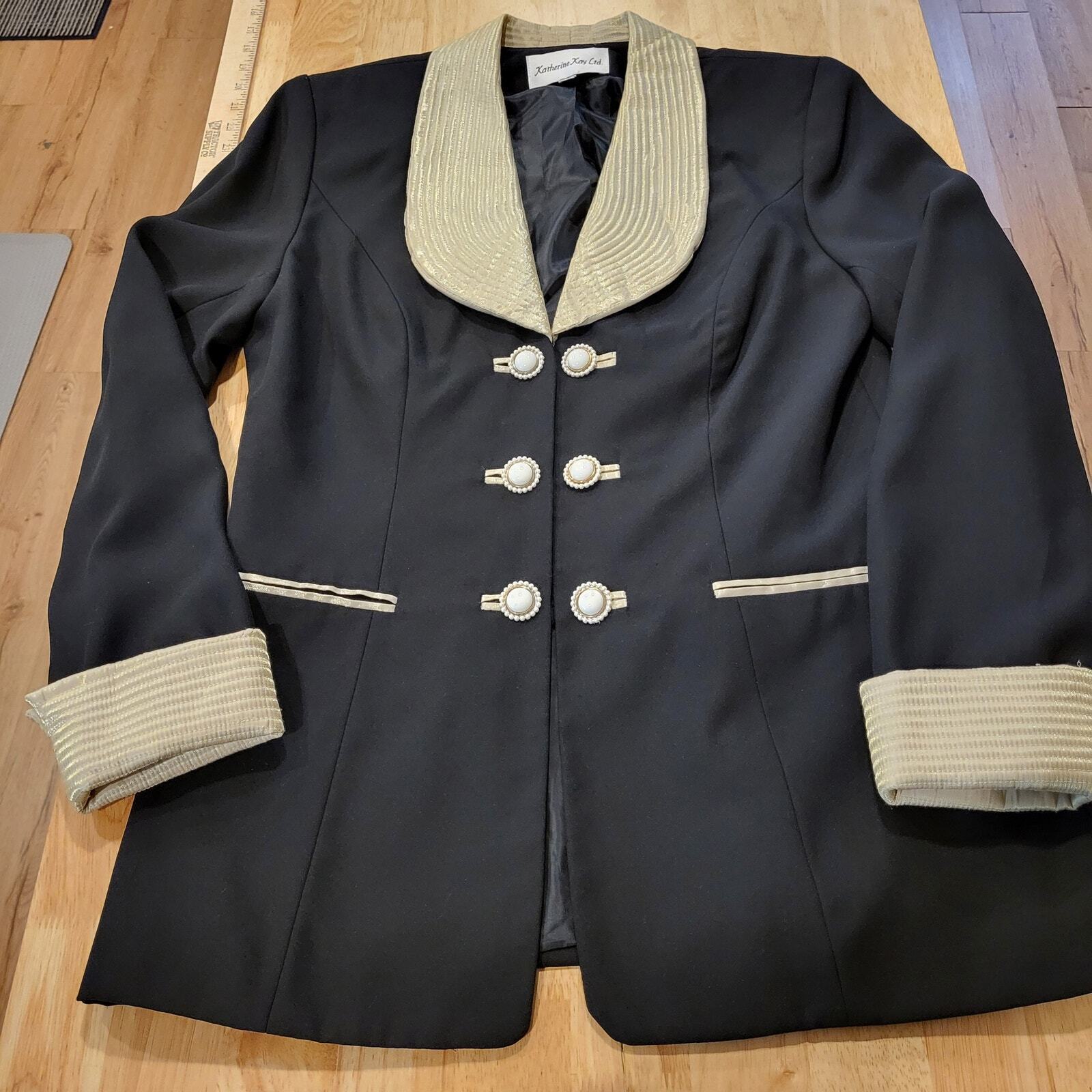 Vintage Katherine Kay Black with Gold Trim Blazer Coat 18" pit 2 pit