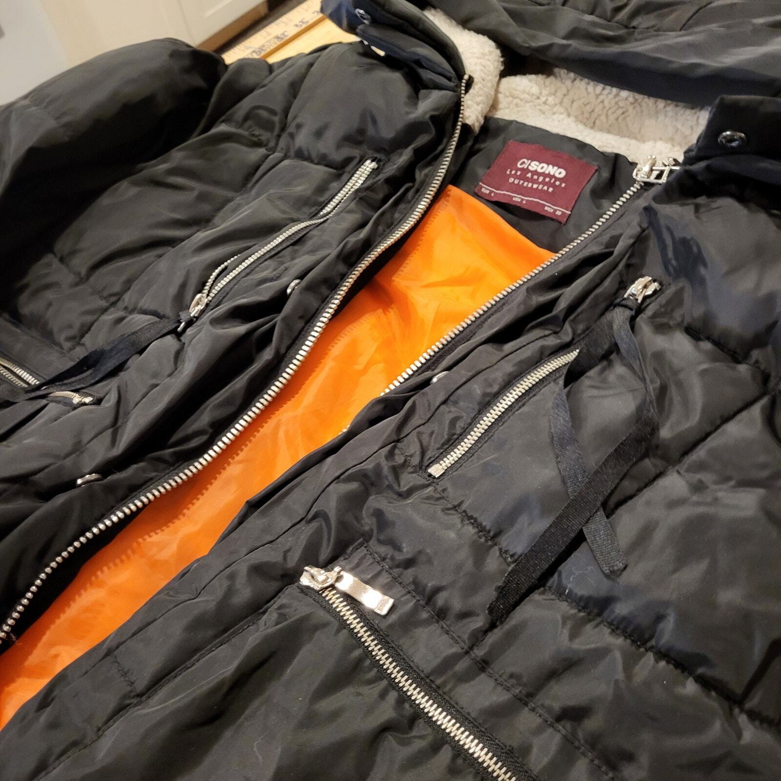 Viral Black Hooded Puffer Coat Orange Lining Silver Zip Pockets Sherling Hood LG