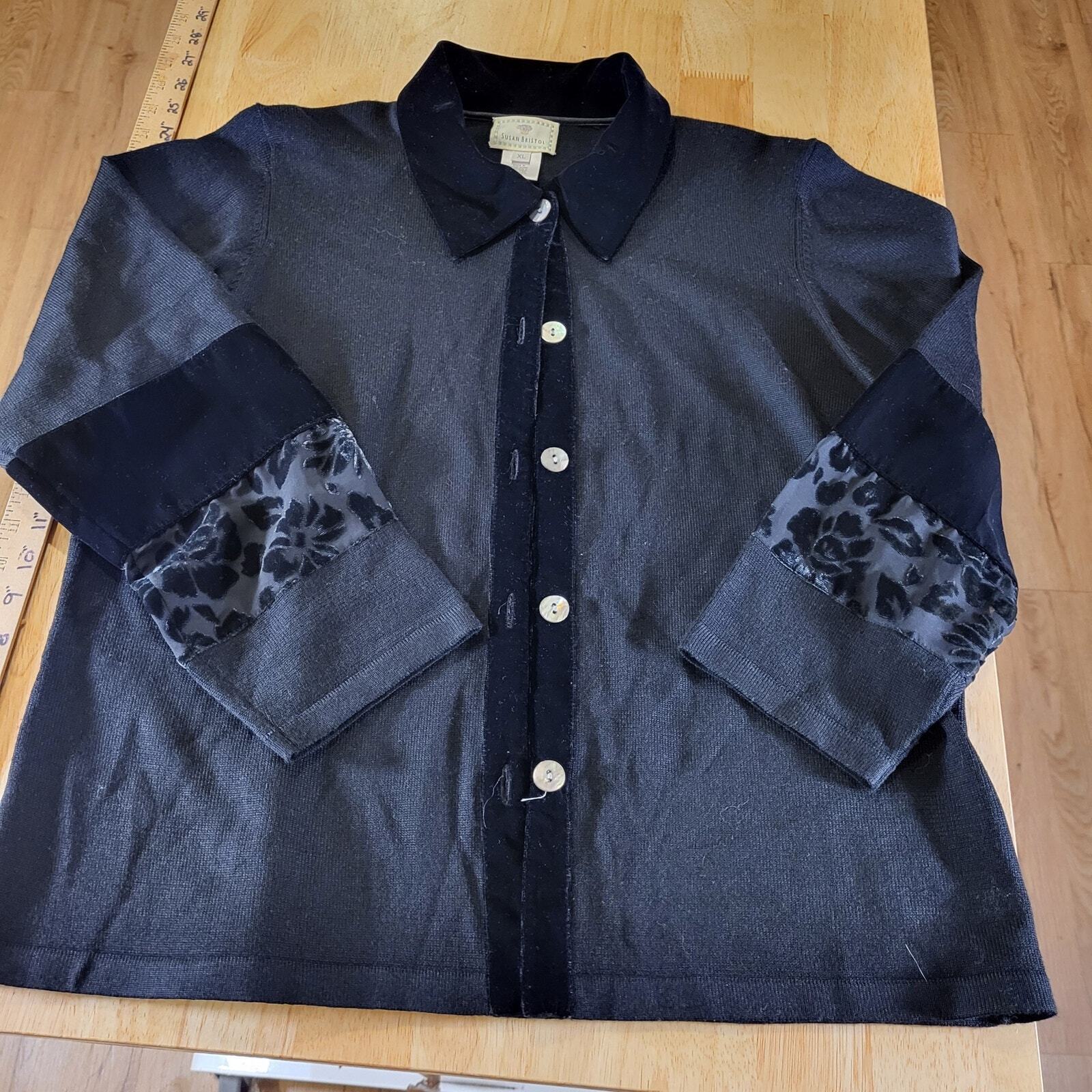 Susan Bristol Wool Blend Collard Black Lace Burnout Floral Button XL 