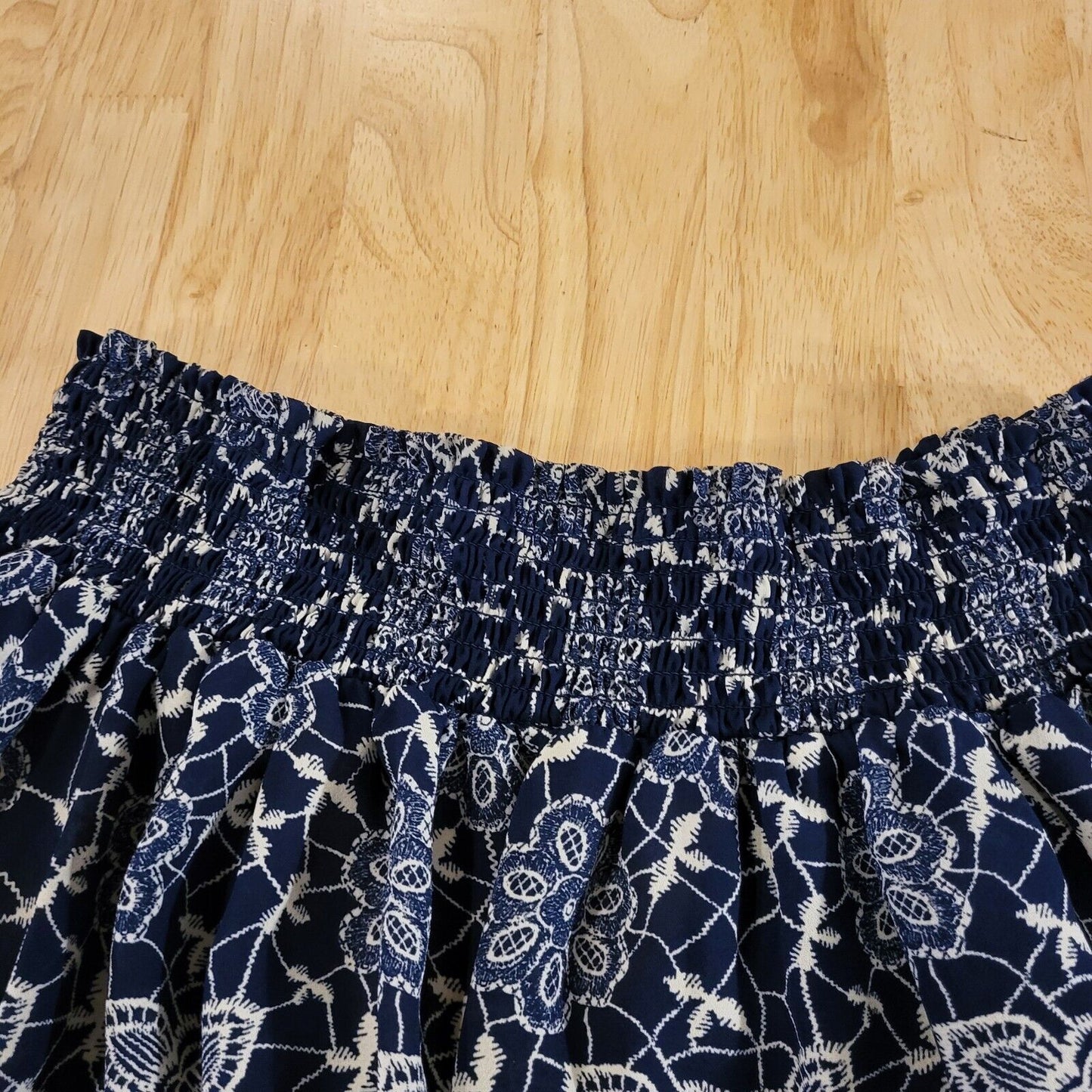 Blue Floral Mini Dress Bardot Cold Shoulder Elastic Keyhole Back Medium