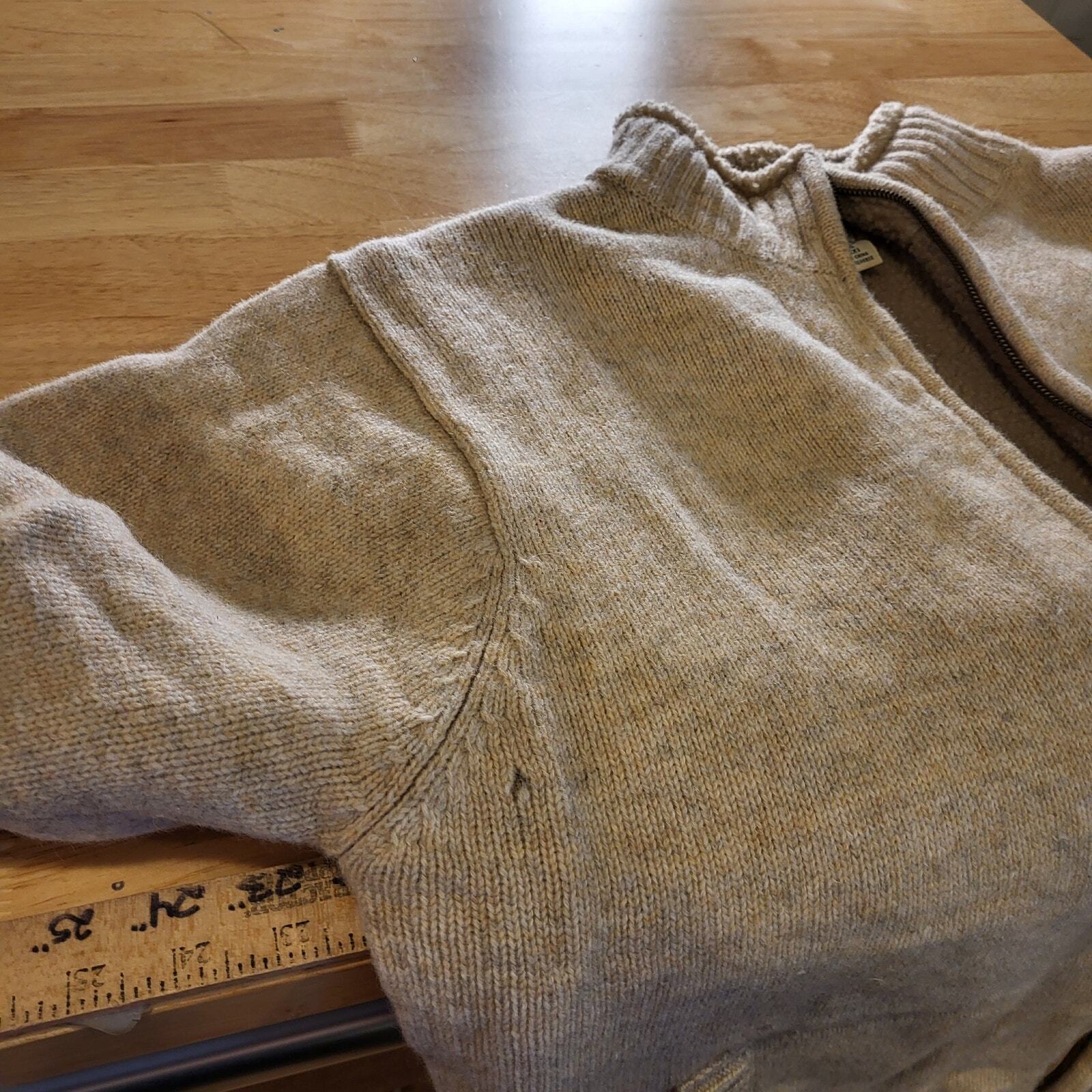 L. L. Bean Beige Wool Full Zip Fleece Lined Sweater  Medium See Photo for hole
