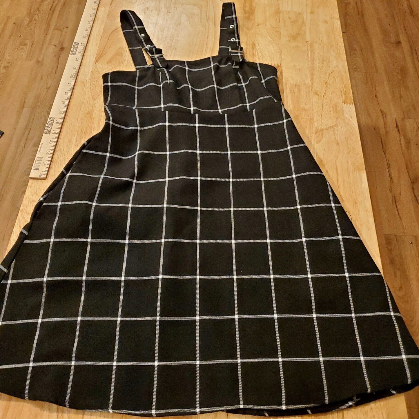 Hot Topic Black Pinafore With White Check Silver Hardware Shirred Back Sm
