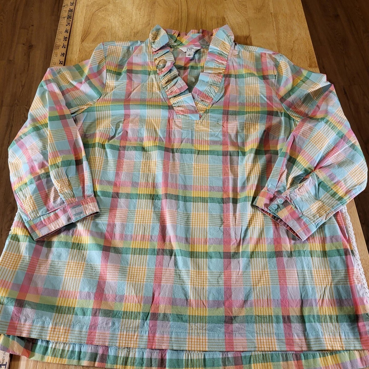 Crown & Ivy Pastel Plaid Ruffle Collar 3/4 Sleeve 25" Long 23" P2P