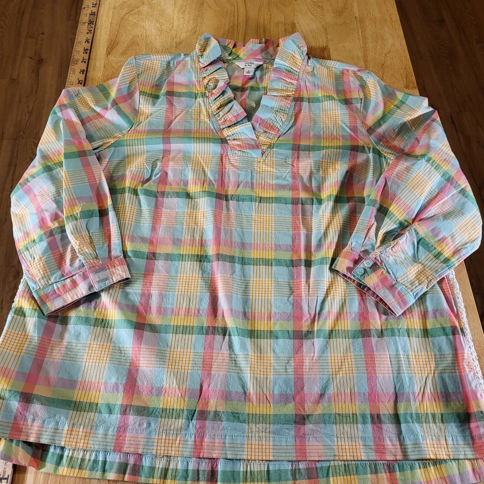 Crown & Ivy Pastel Plaid Ruffle Collar 3/4 Sleeve 25" Long 23" P2P