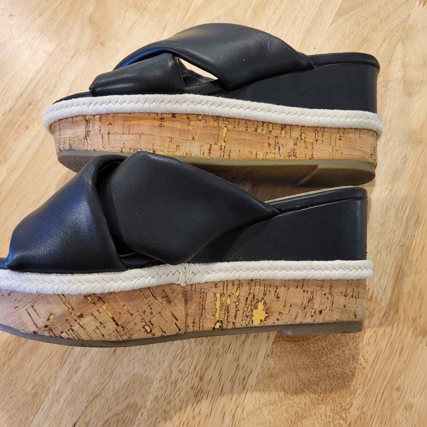 Black Crossover Faux Leather Cork Wedges White Detail 9" Size 6.5