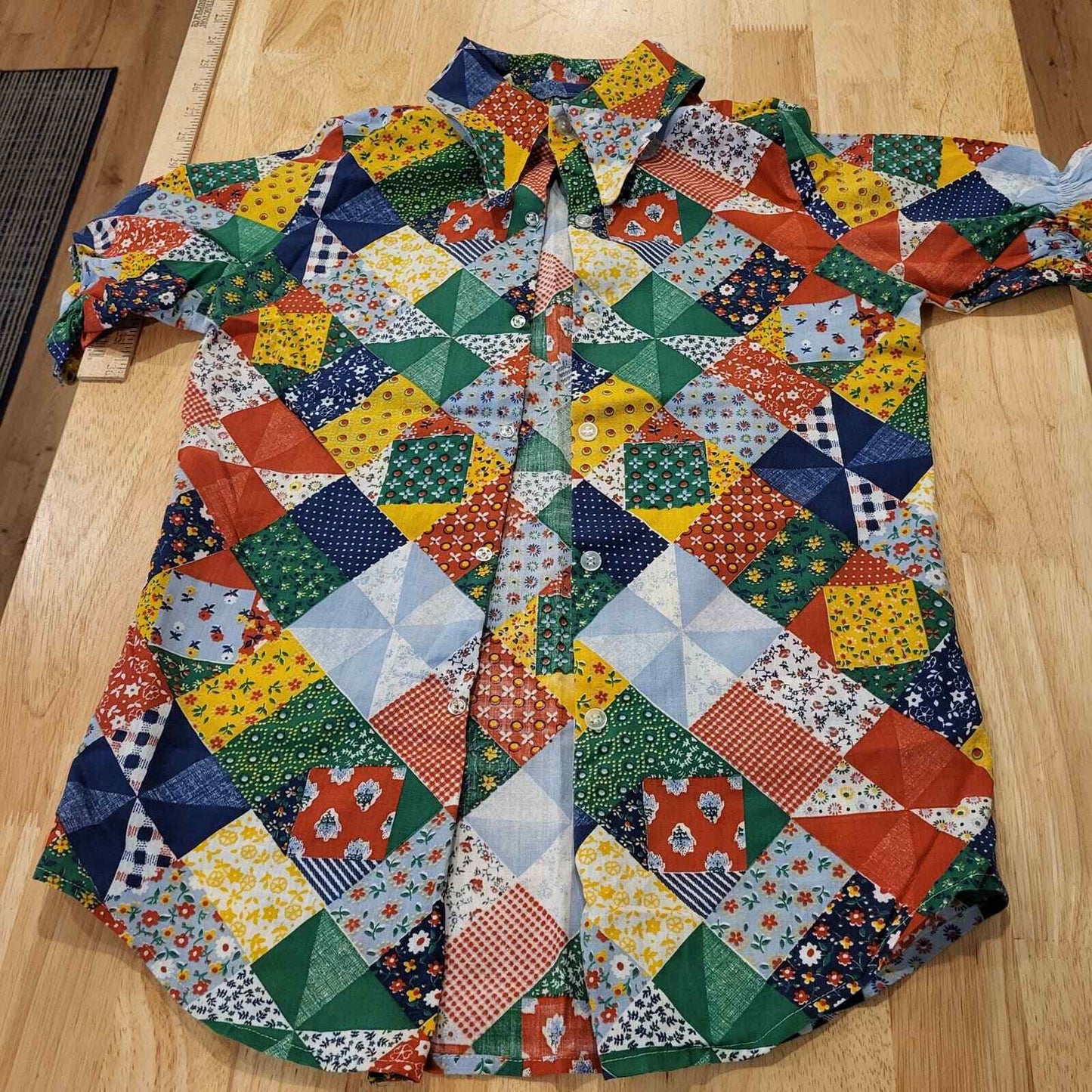Vintage cotton patchwork puff sleeve button front top small