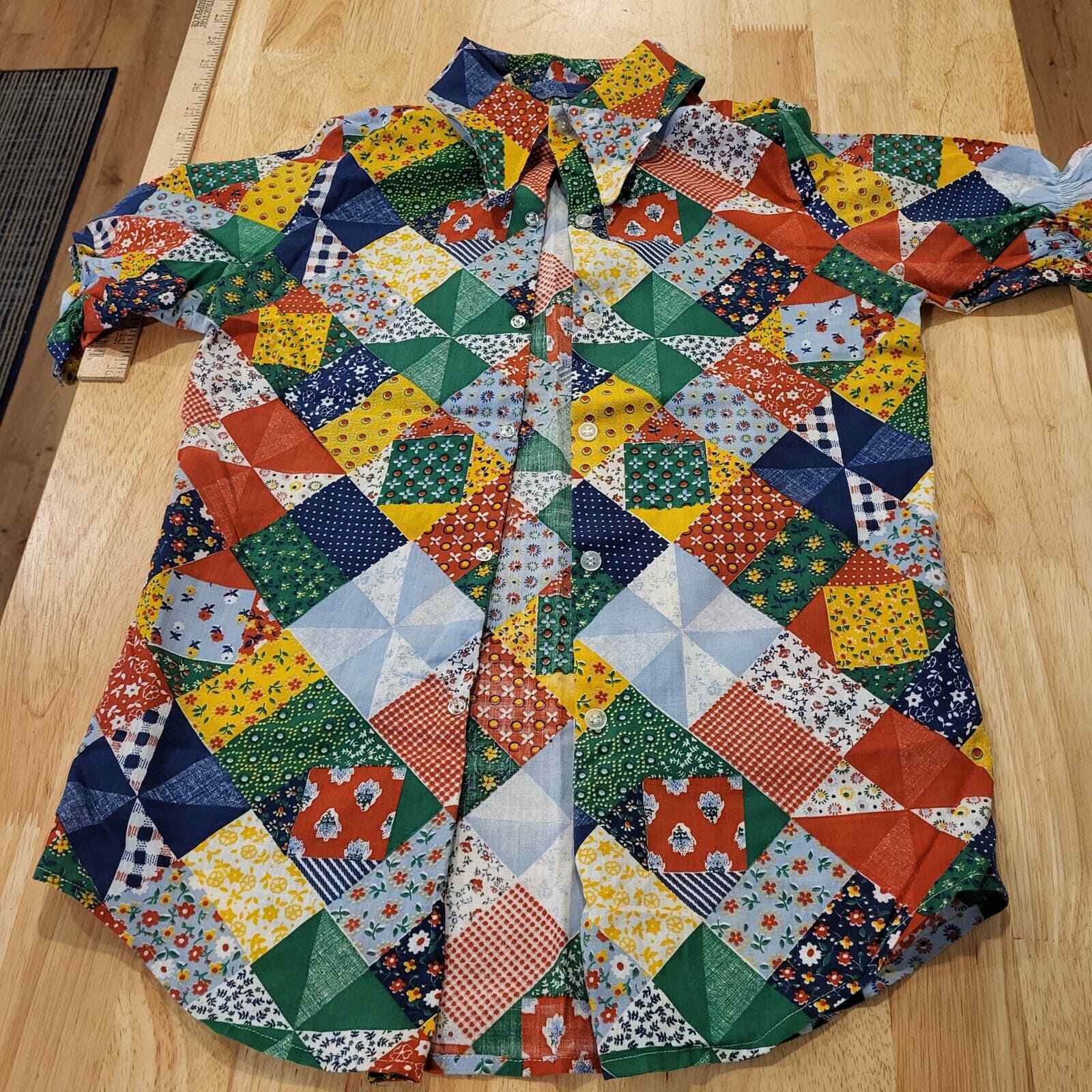 Vintage cotton patchwork puff sleeve button front top small