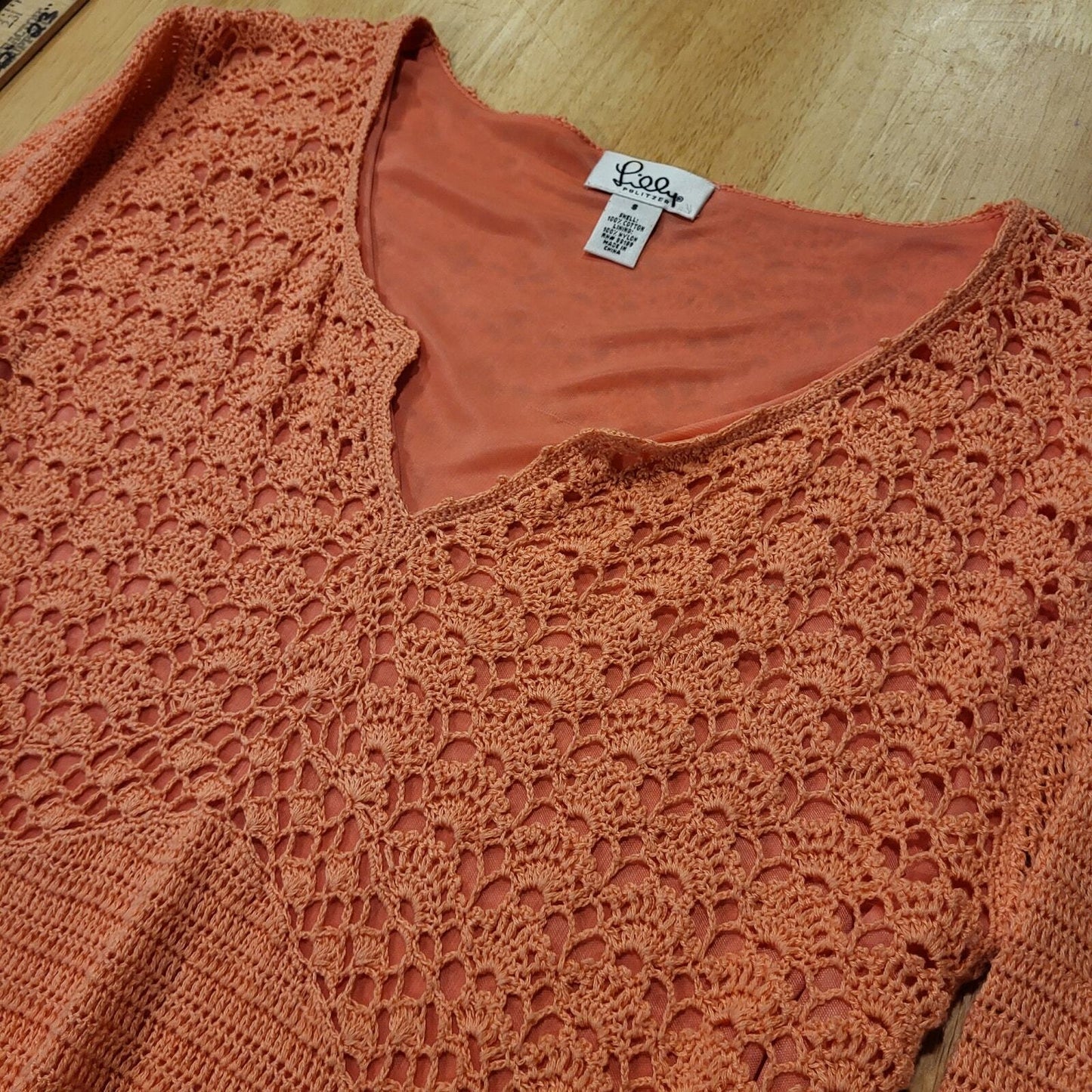 Lilly Pulitzer salmon knit crocheted pullover sweater small 15" Pit 2 pit lined