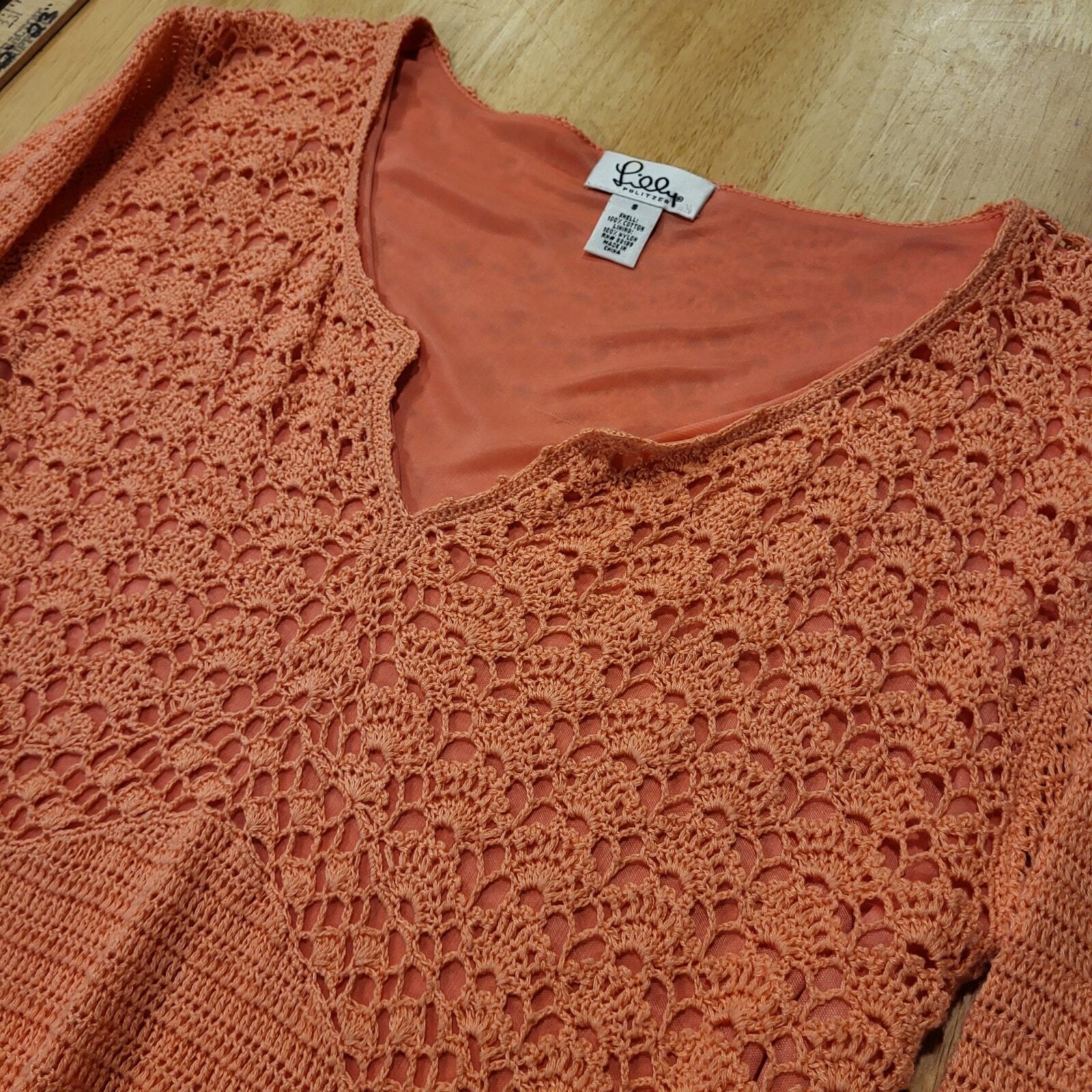 Lilly Pulitzer salmon knit crocheted pullover sweater small 15" Pit 2 pit lined