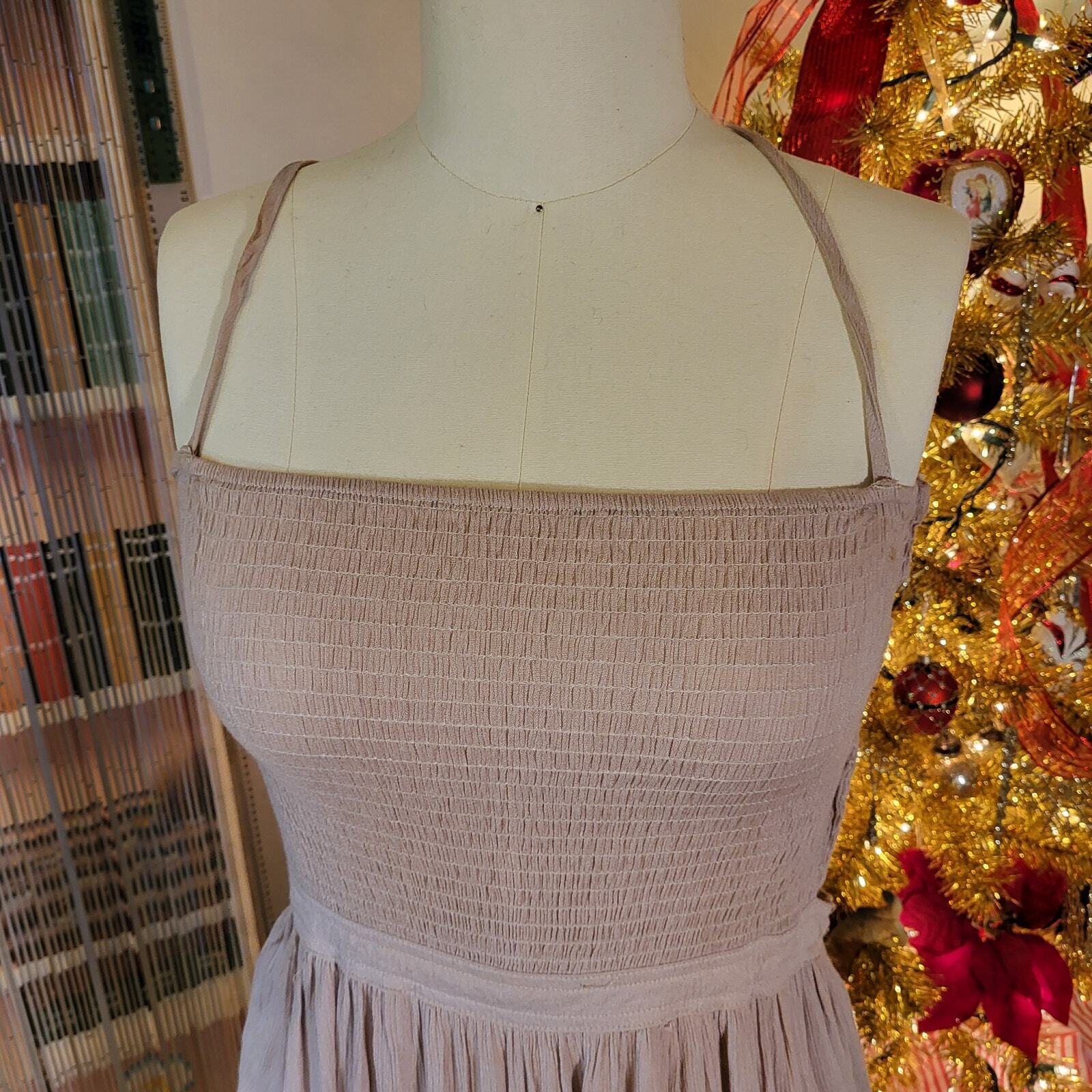 R. Vivimos Prairie Elastic Open Back Beige Maxi Dress Small 4/6 Adjustable Waist